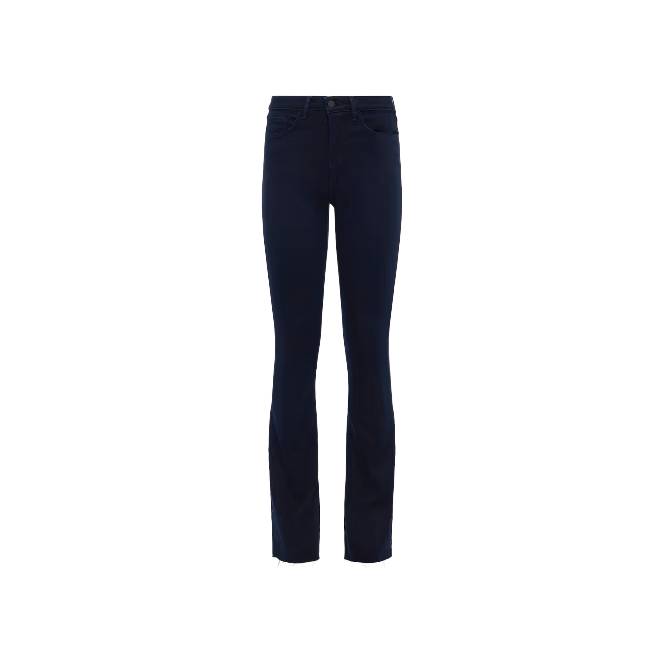 Ruth Straight-Leg Jean in ultra dark indigo wash features a mid-rise waist, front pockets, and belt loops, crafted from super stretch denim and shown against a plain white background.
