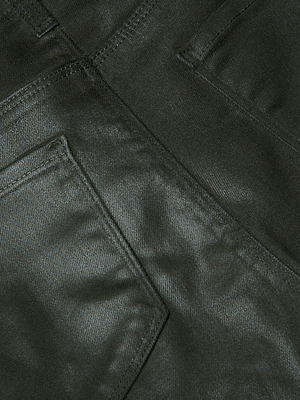 Close-up of the back pockets and stitching on the L'AGENCE Ruth Coated Straight-Leg Jean, showcasing the detailed texture and dark-coated denim fabric.