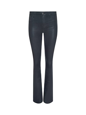 The Ruth Coated Straight-Leg Jean features a dark blue, high-waisted fit with straight legs, button and zip closure, two front and two back pockets, a chic raw hem, and is showcased on a plain white background.