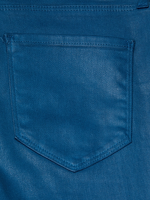 Close-up of the Ruth Coated Straight-Leg Jean by L'AGENCE, featuring blue coated denim with a stitched back pocket that highlights its texture and stitching details.