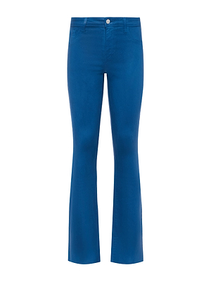 The Ruth Coated Straight-Leg Jean by L'AGENCE features a bright blue super stretch fabric, button and zipper closure, belt loops, and front pockets, displayed against a white background.