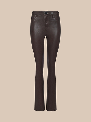 Ruth Coated Straight-Leg Jean in dark brown with a glossy finish features a high waist, button closure, and raw hem, displayed flat on a beige background.