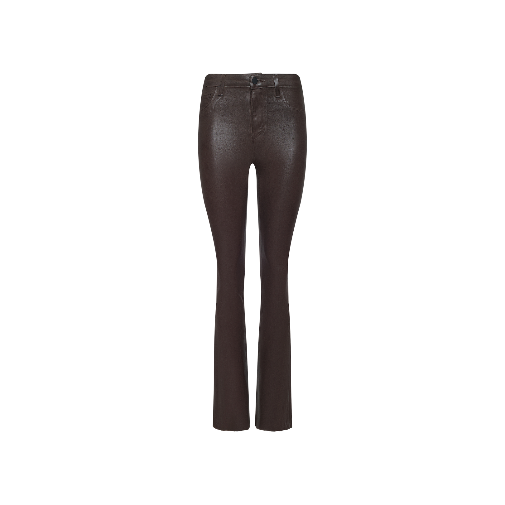 The Ruth Coated Straight-Leg Jean is a dark brown, high-waisted, slim straight-leg style featuring button and zipper closure with front and back pockets, displayed on a plain white background.