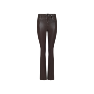 Ruth Coated Straight-Leg Jean featuring a brown coated finish, front button and zipper closure, slim straight-leg silhouette, raw hem, and belt loops, displayed on a plain white background.