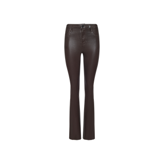The Ruth Coated Straight-Leg Jean is a dark brown, high-waisted, slim straight-leg style featuring button and zipper closure with front and back pockets, displayed on a plain white background.
