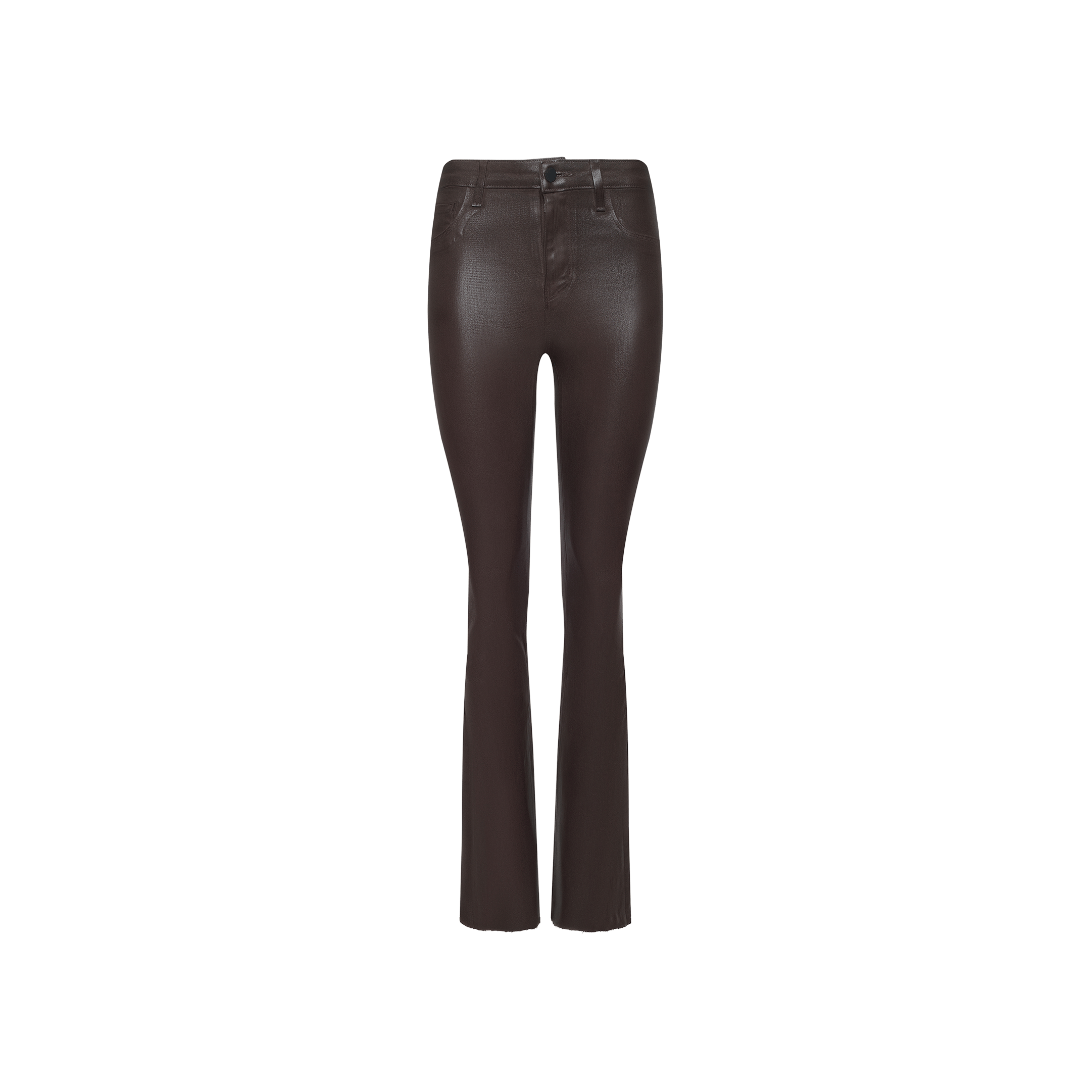 Ruth Coated Straight-Leg Jean featuring a brown coated finish, front button and zipper closure, slim straight-leg silhouette, raw hem, and belt loops, displayed on a plain white background.