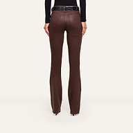 Rear view of Ruth Coated Straight-Leg Jean in dark brown, high-rise straight-leg coated stretch denim, styled with a black textured belt.