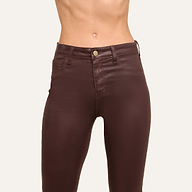 Ruth Coated Straight-Leg Jean in dark brown, featuring a mid-rise fit and stretch denim.