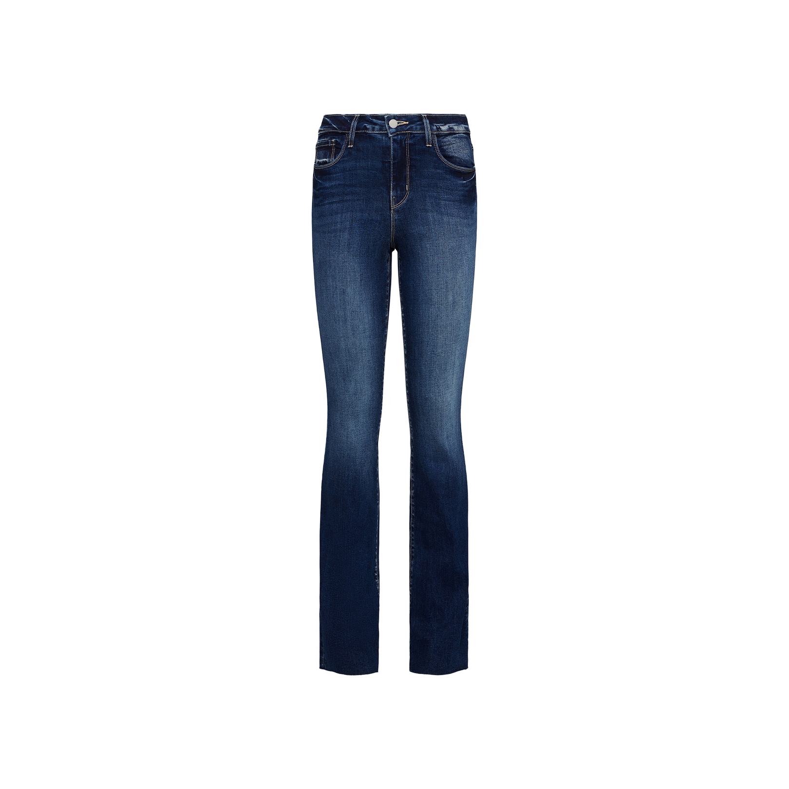 The Ruth Straight-Leg Jean, crafted from premium stretch denim in a dark blue wash, features front and back pockets, a button and zipper closure, and is displayed on a plain white background.