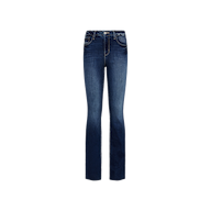 The Ruth Straight-Leg Jean, crafted from premium stretch denim in a dark blue wash, features front and back pockets, a button and zipper closure, and is displayed on a plain white background.