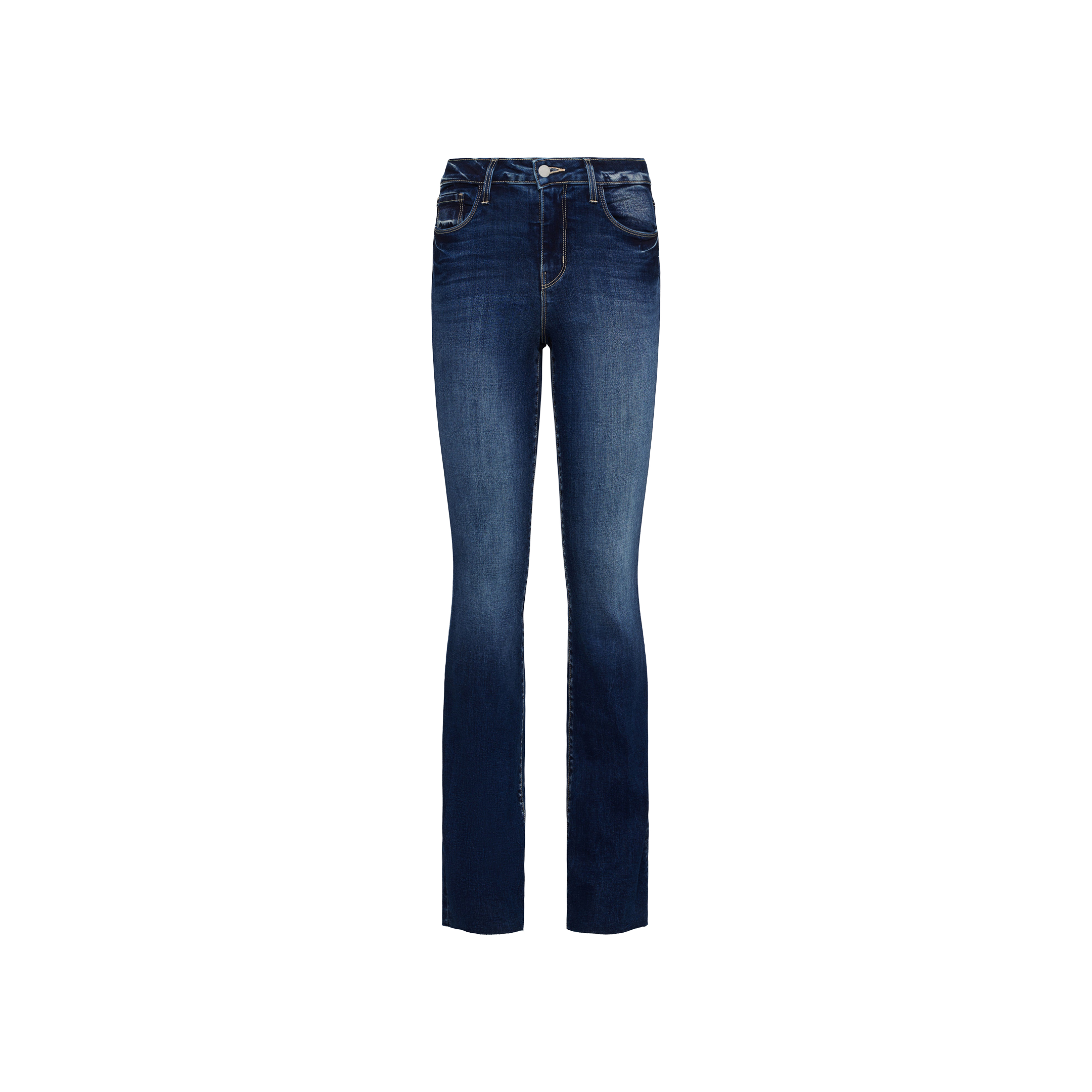 The Ruth Straight-Leg Jean, crafted from premium stretch denim in a dark blue wash, features front and back pockets, a button and zipper closure, and is displayed on a plain white background.