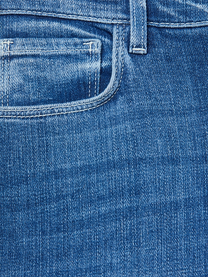 Close-up of L'AGENCE Ruth Straight-Leg Jean in blue, highlighting the front pocket, belt loop, visible stitching, and slightly faded stretch denim texture.