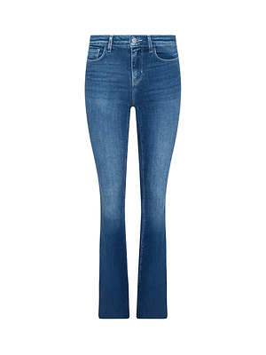 The L'AGENCE Ruth Straight-Leg Jean features blue stretch denim, a button and zip closure, front and back pockets, and slight thigh fading. Displayed against a white background.