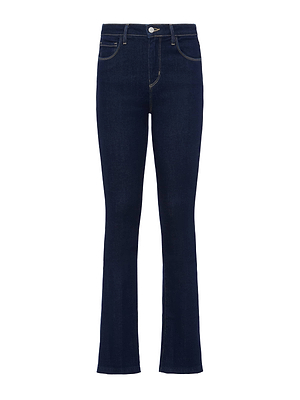 The L'AGENCE Ruth Straight-Leg Jean features a dark wash, five-pocket design, belt loops, front button and zip closure, and a stylish raw hem. Displayed against a plain white background.