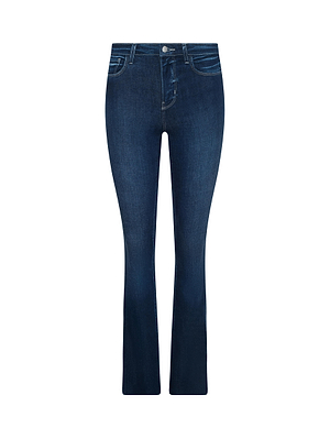 The L'AGENCE Ruth Straight-Leg Jean features a dark blue indigo wash, high waist, front and back pockets, button and zip closure, contrast stitching, and is shown against a white background.