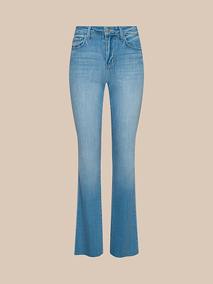 The Ruth Straight-Leg Jean in light indigo features a button and zipper closure, front and back pockets, and a raw hem, showcased against a light beige background.
