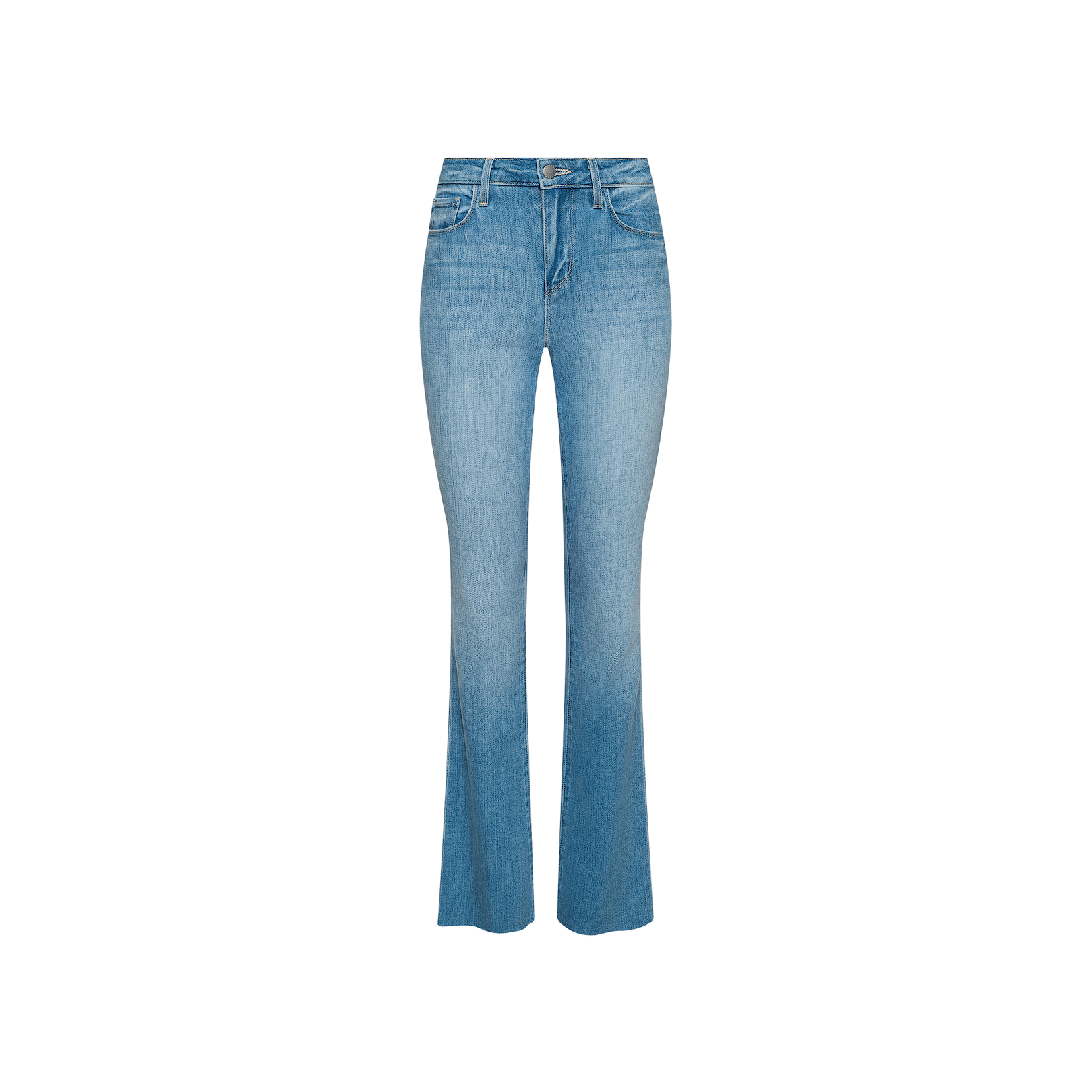 Ruth Straight-Leg Jean in a light indigo wash, featuring a high waist, front and back pockets, belt loops, and a button-and-zip closure, displayed on a plain white background.