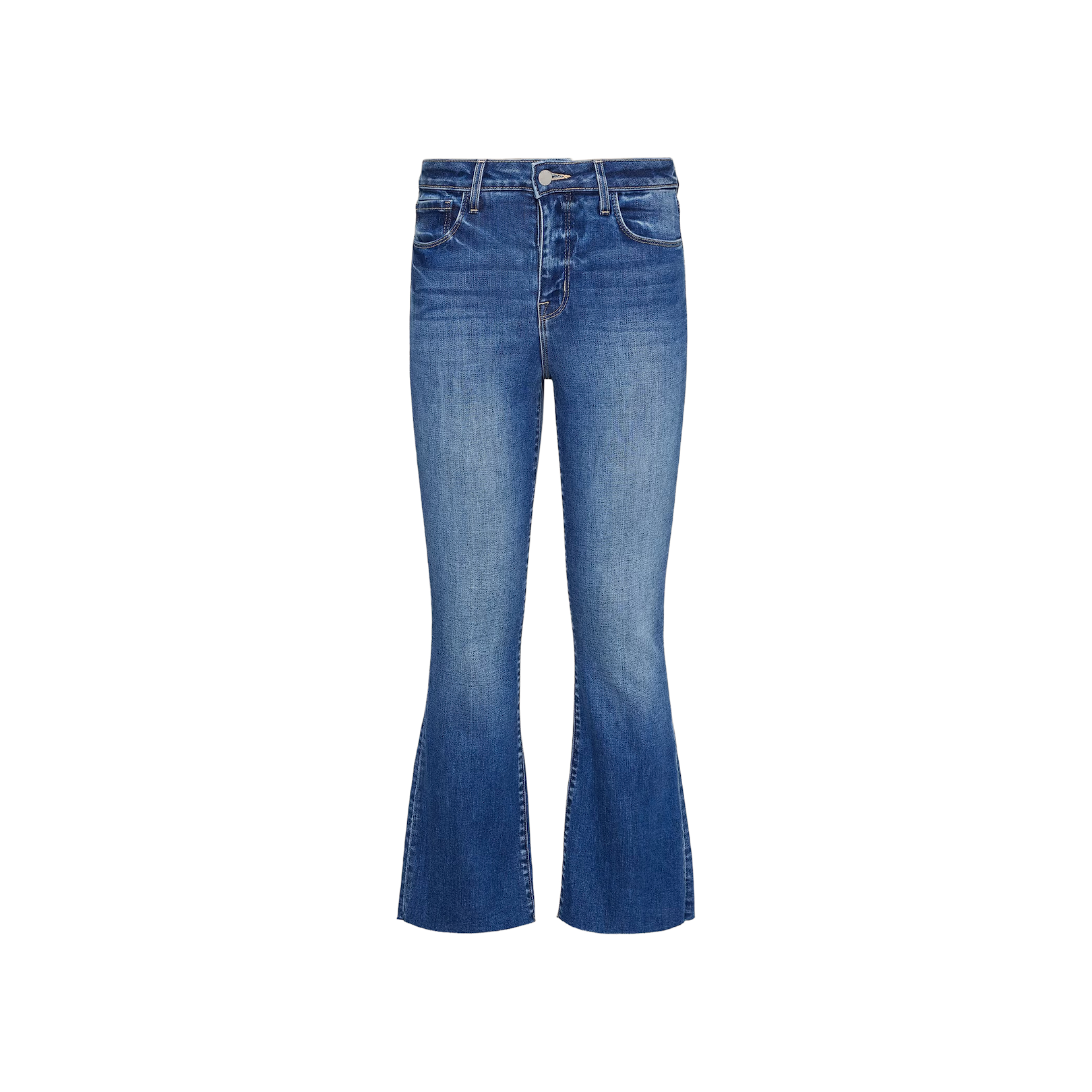 The Kendra Cropped Flare Jean is crafted from premium stretch denim in blue, featuring a slight flare at the hem, front pockets, a button and zip closure, and subtle faded detailing on the legs.