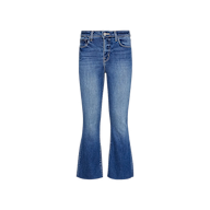 Kendra Cropped Flare Jean crafted from premium stretch denim with a slight flare at the bottom, featuring a button and zipper closure, front and back pockets, and light fading on the thighs. The jeans are displayed against a plain white background.