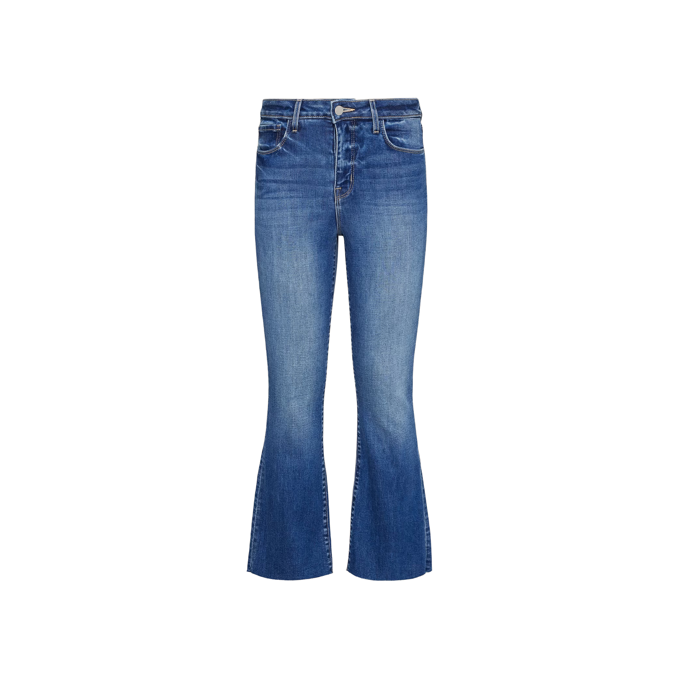 Kendra Cropped Flare Jean crafted from premium stretch denim with a slight flare at the bottom, featuring a button and zipper closure, front and back pockets, and light fading on the thighs. The jeans are displayed against a plain white background.