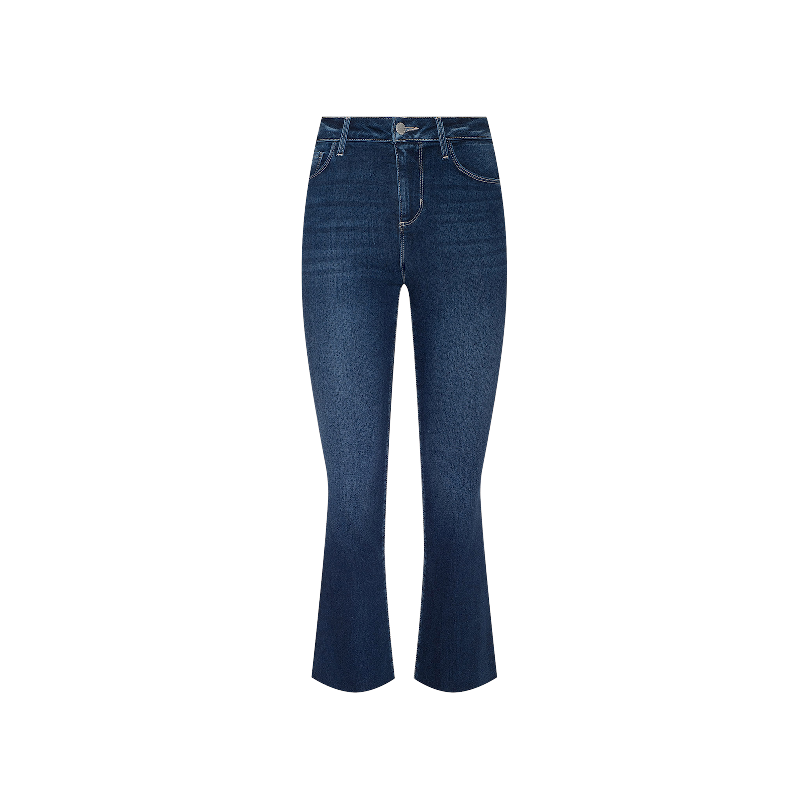 Kendra Cropped Flare Jean in dark blue, featuring a high rise, super stretch denim fabric, cropped flare silhouette, front pockets, and visible stitching, displayed on a plain white background.