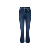 The Kendra Cropped Flare Jean features a high rise, fitted hips, and dark blue super stretch denim. Designed with slightly flared cropped legs, these jeans include front pockets, belt loops, and visible stitching, shown against a plain white background.