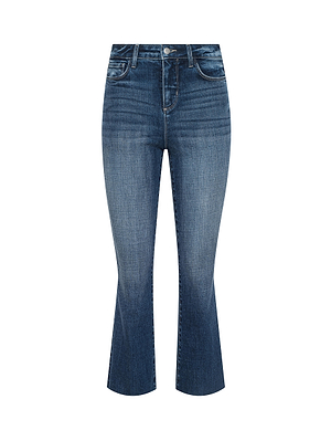 The L’AGENCE Kendra Cropped Flare Jean features dark wash blue denim, a slight flare, front button and zip closure, and classic five-pocket styling, displayed on a white background.
