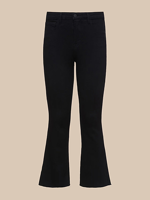 The Kendra Cropped Flare Jean in premium black denim is displayed against a beige background. These high-rise jeans feature a fitted waist, front and back pockets, and cropped flared legs for timeless style.