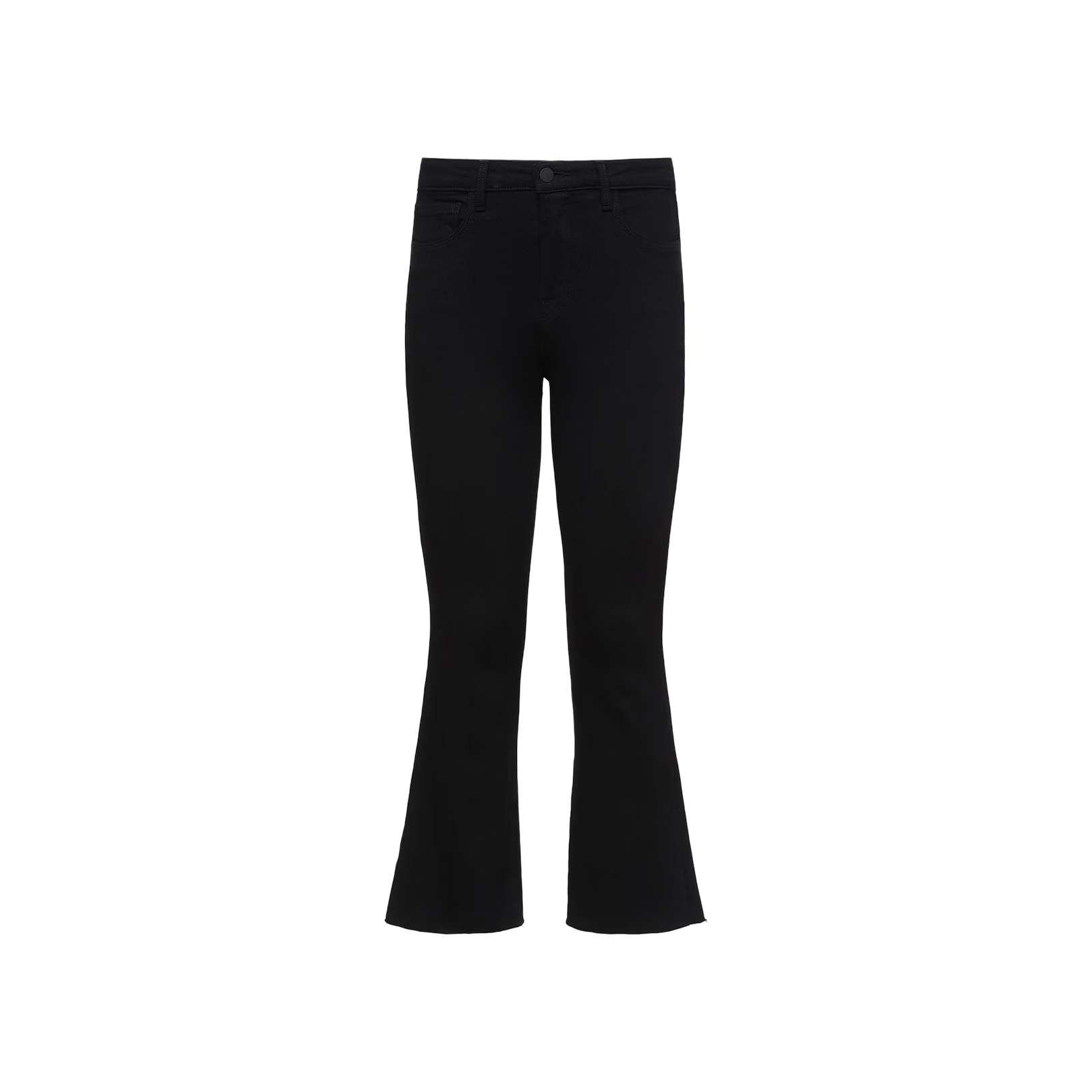 The Kendra Cropped Flare Jean is showcased on a white background. Crafted from black denim, these jeans feature a high waist, front and back pockets, and a slight flare at the cropped hem with a subtle raw finish.