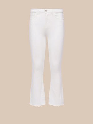 The Kendra Cropped Flare Jean in white stretch denim features a high-rise fit, cropped flare cut with raw hem, front button and zipper closure, and classic five-pocket design, displayed on a plain beige background.