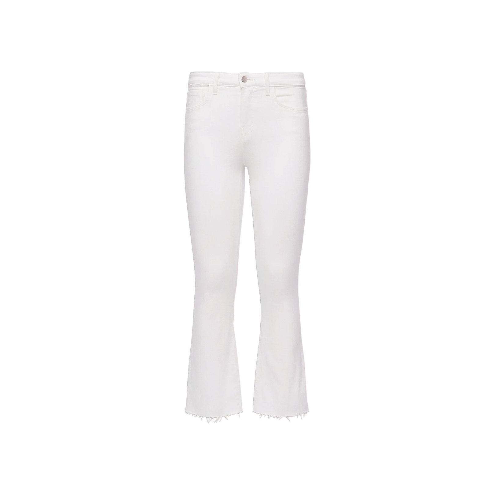 The Kendra Cropped Flare Jean is a white, high-rise denim style featuring a slight flare and raw, unfinished hems. Crafted from premium stretch denim, these jeans are shown against a plain white background and include front and back pockets, belt loops, and a button closure.