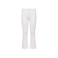The Kendra Cropped Flare Jean is crafted from white stretch denim with a high-rise cropped flare silhouette, featuring raw hems and a classic five-pocket design, and is displayed on a plain white background.