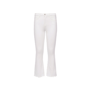 The Kendra Cropped Flare Jean is a white, high-rise denim style featuring a slight flare and raw, unfinished hems. Crafted from premium stretch denim, these jeans are shown against a plain white background and include front and back pockets, belt loops, and a button closure.