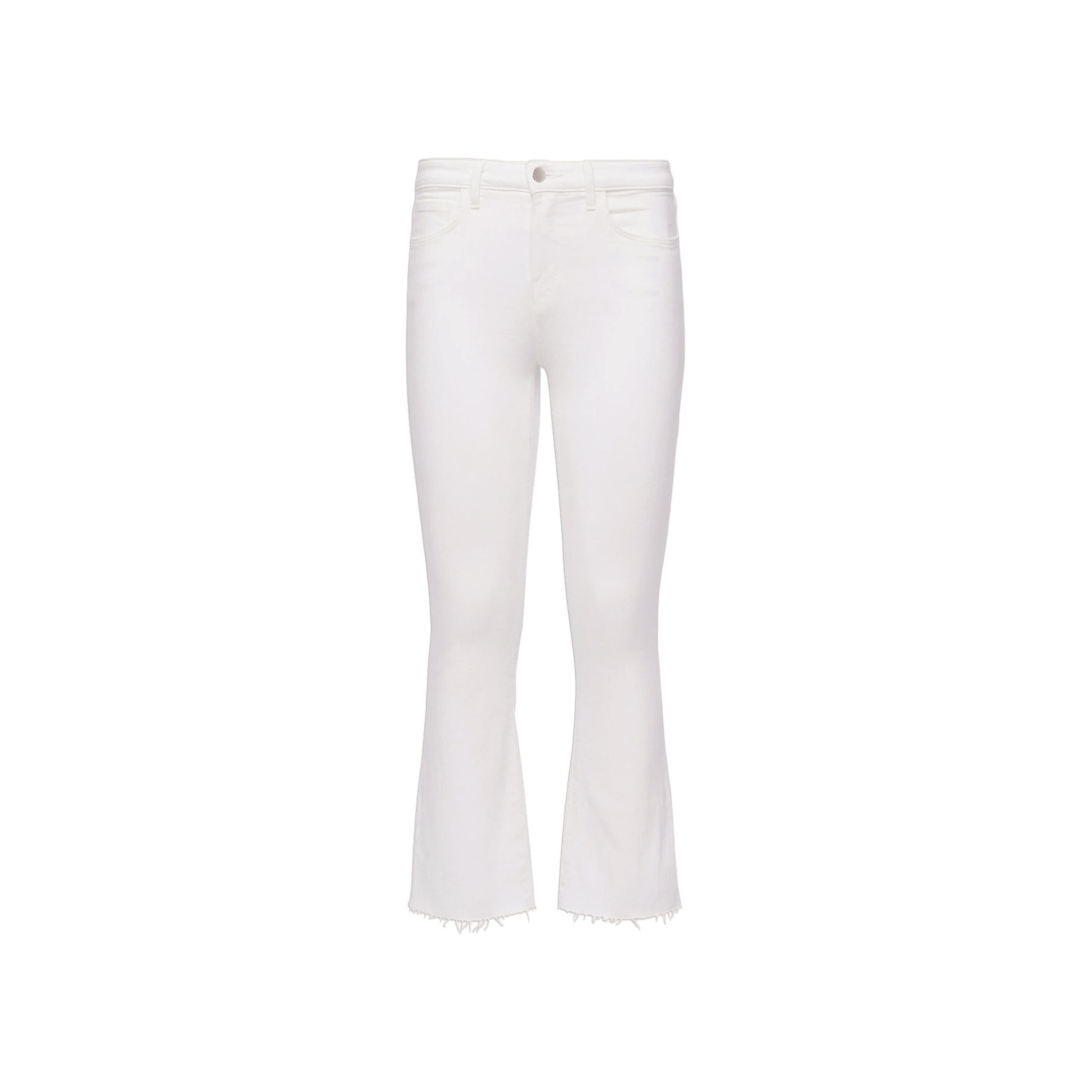 The Kendra Cropped Flare Jean is crafted from white stretch denim with a high-rise cropped flare silhouette, featuring raw hems and a classic five-pocket design, and is displayed on a plain white background.