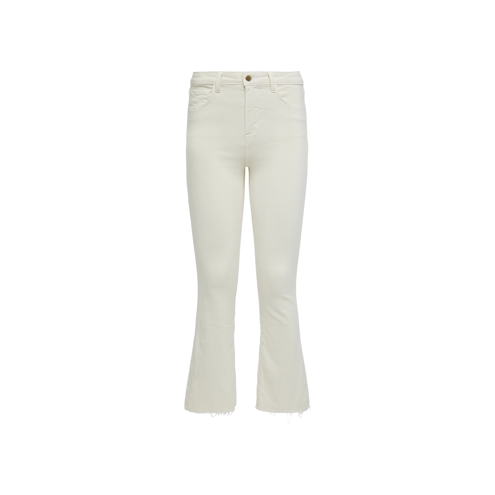 Kendra Cropped Flare Jean in vintage white, featuring a high-rise fit, cropped flare silhouette, stretch denim construction, raw unfinished hems, front and back pockets, and a button closure—displayed on a plain white background.