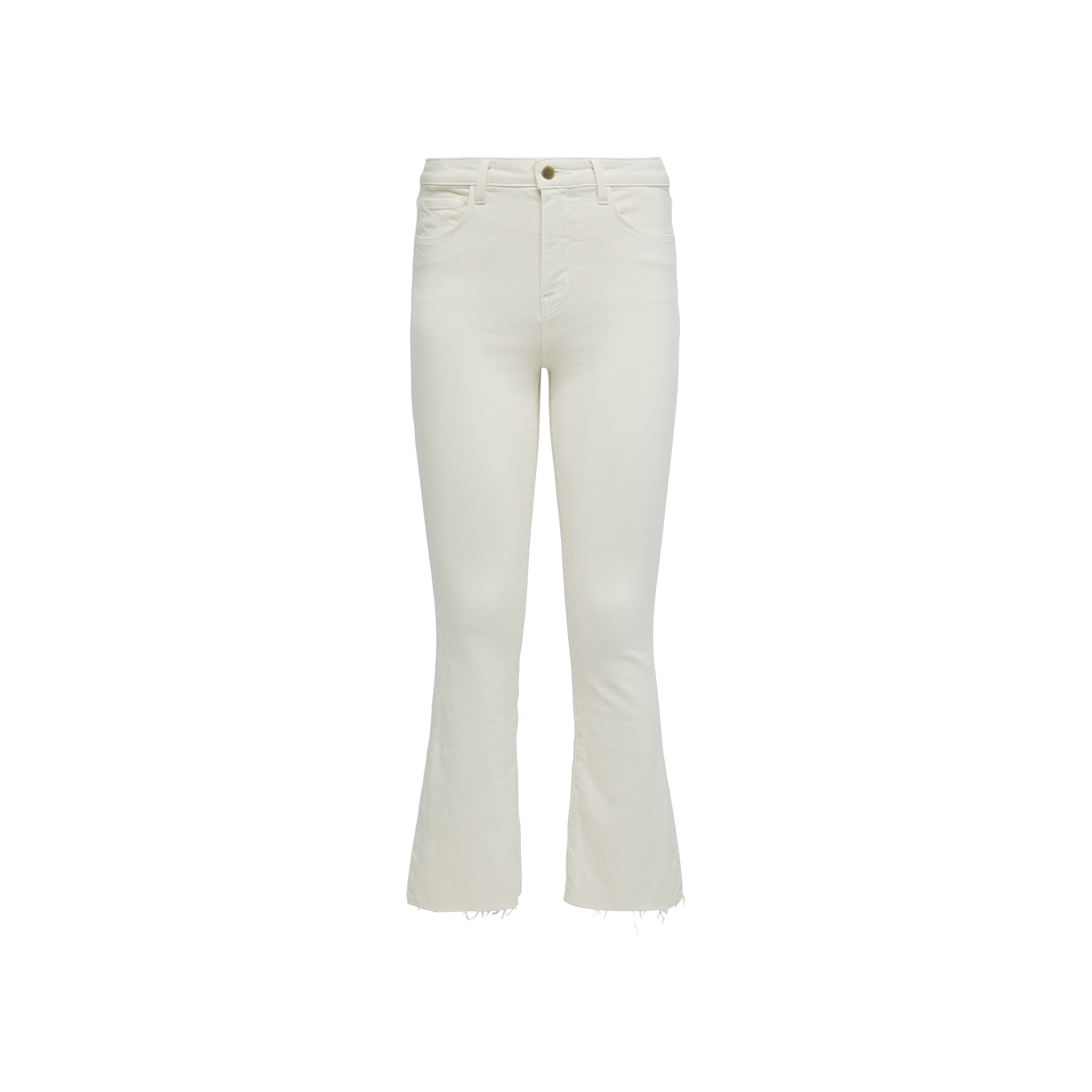 The Kendra Cropped Flare Jean for women features a high-waisted fit in vintage white, button and zipper closure, front and back pockets, and slightly flared raw-edge hems, shown on a plain white background.