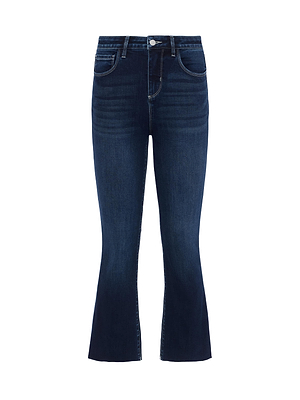 The Kendra Cropped Flare Jean by L'AGENCE features a dark blue wash, high waist, bootcut silhouette, front and back pockets, button closure, and subtle fading on the thighs and knees.