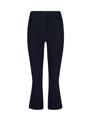The L’AGENCE Kendra Cropped Flare Jean features super stretch denim in a dark indigo wash, a high waist, five pockets, and a fitted thigh with a flared cropped leg, shown against a white background.