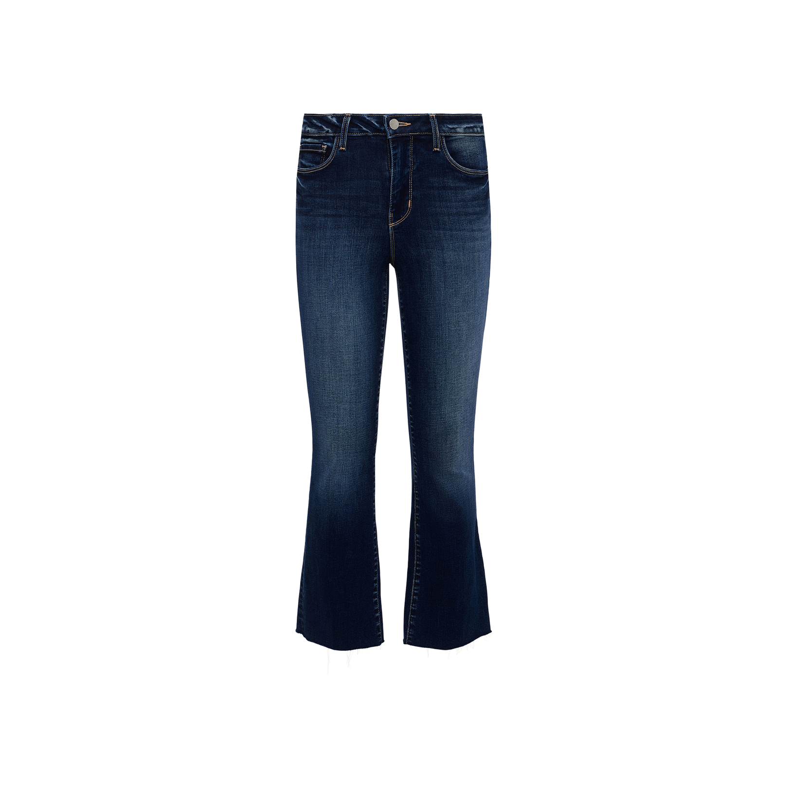 The Kendra Cropped Flare Jean is crafted from stretch denim in dark blue, featuring a high-rise waist with button and zip closure, front and back pockets, and a slightly flared cropped silhouette, shown against a plain white background.
