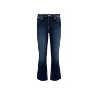 The Kendra Cropped Flare Jean features a dark blue wash in stretch denim with a subtle faded effect, front button and zipper closure, classic five-pocket construction, and slightly flared cropped legs. Presented against a plain white background.