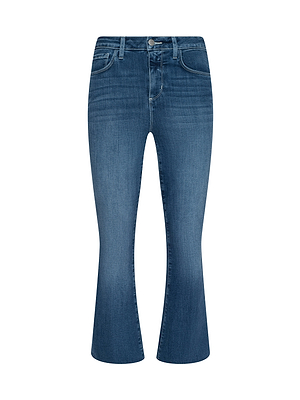 The Kendra Cropped Flare Jean is a pair of blue, dark-wash denim jeans with front pockets, a button and zipper closure, and subtle faded detailing.