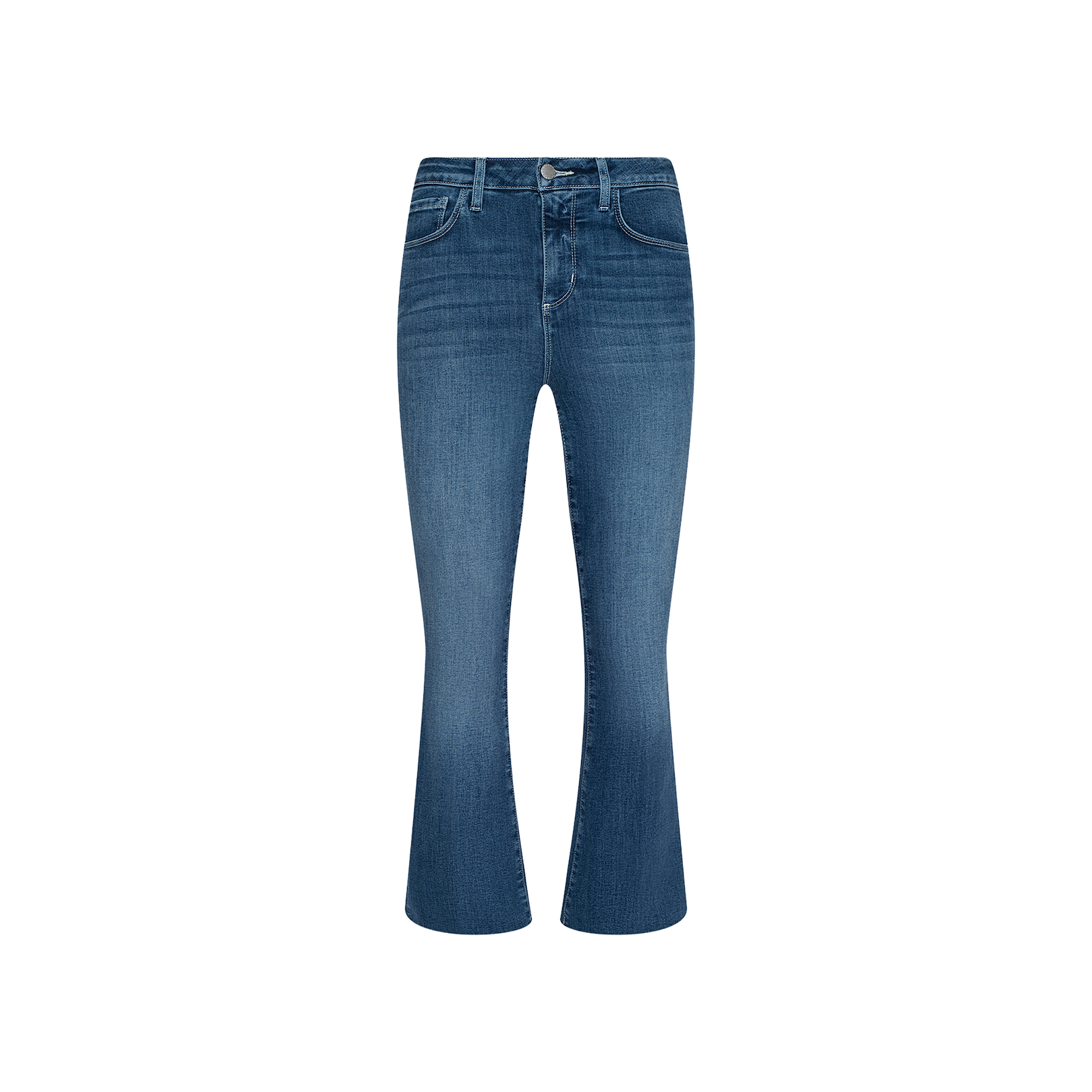The Kendra Cropped Flare Jean is a blue, super stretch denim jean with a slight flare at the bottom, featuring front and back pockets, a button and zipper closure, displayed on a plain white background.