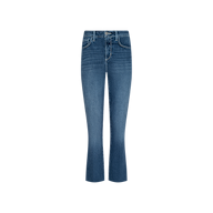 Introducing the Kendra Cropped Flare Jean, featuring a high waist with a front zipper and button closure. Crafted from super stretch denim in a dark wash, these jeans offer both front and back pockets and are designed with a subtle cropped flare at the hem. Presented against a plain white background.