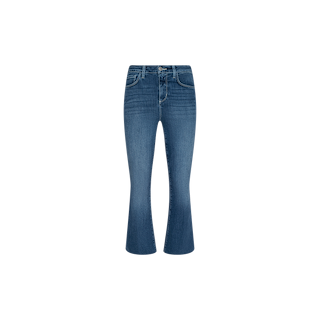 The Kendra Cropped Flare Jean is a blue, super stretch denim jean with a slight flare at the bottom, featuring front and back pockets, a button and zipper closure, displayed on a plain white background.