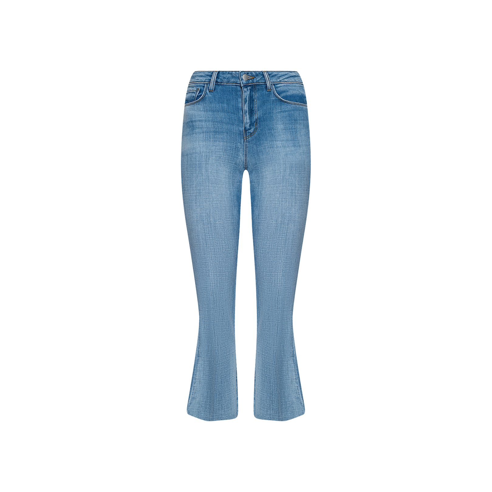 The Kendra Cropped Flare Jean features a light wash denim with a high waist, front pockets, and slightly flared cropped legs for a flattering, elongating silhouette. Displayed against a plain white background, these jeans offer modern style in a classic light blue hue.