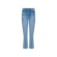 The Kendra Cropped Flare Jean features a light wash, kick flare leg, and a fitted waist, shown against a plain white background.