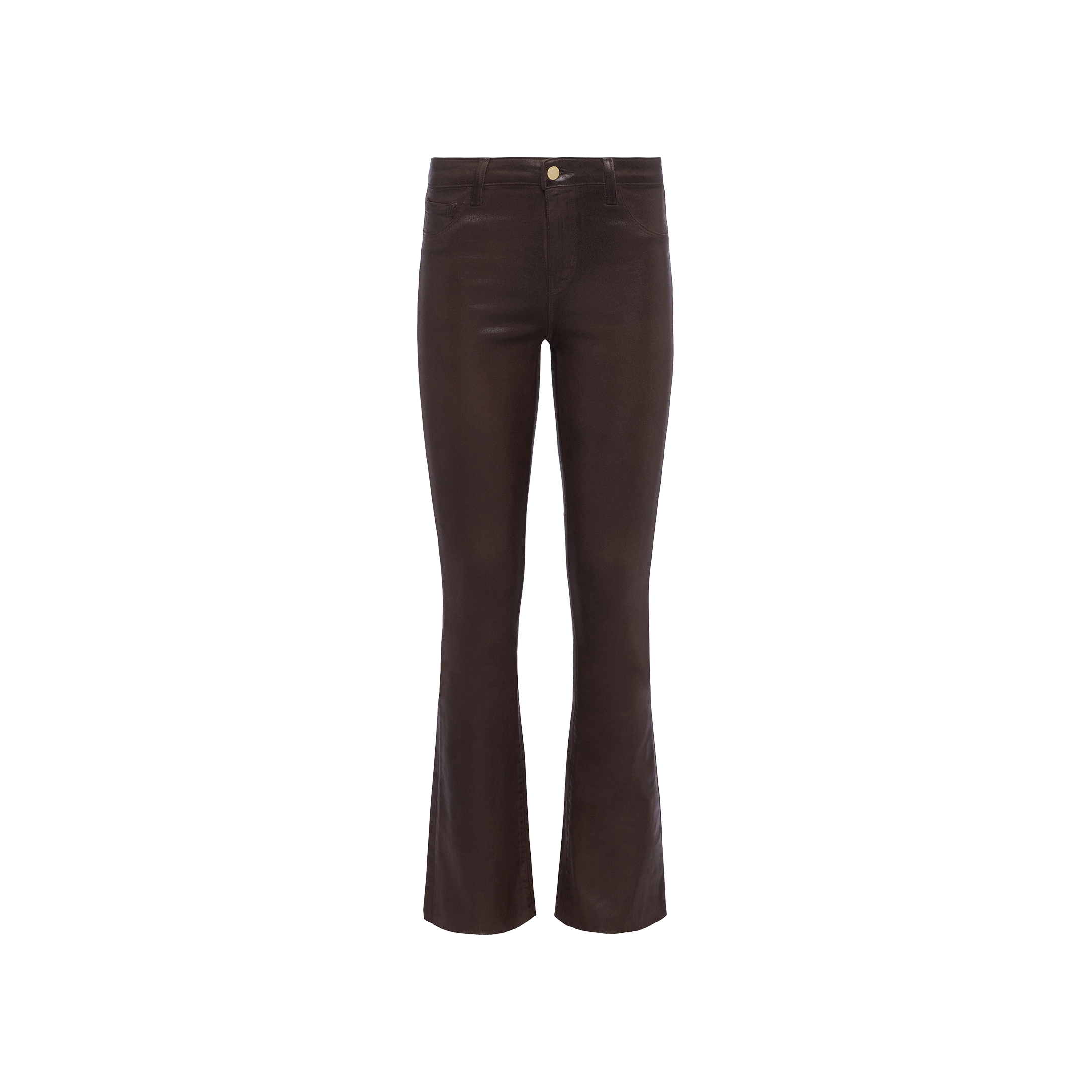 Ruth Coated Straight-Leg Jean in high-rise, straight-leg dark brown coated stretch denim with a button fly.