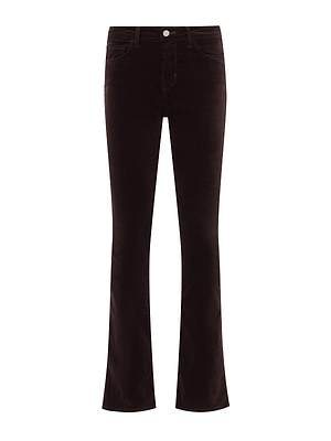 The Stevie Velvet Jean by L'AGENCE is a coffee bean brown, high-waisted pant with a slim thigh fit and straight leg that subtly flares at the hem, shown against a white background.