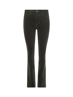 The Stevie Velvet Jean by L'AGENCE features a slim fit and straight leg in olive green velvet, with front button and zip closure plus standard front and back pockets, shown on a plain white background.