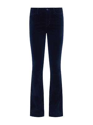 The Stevie Velvet Jean by L'AGENCE features a dark blue, classic fit with straight legs, button and zip fly, plus front and back pockets, shown on a white background.
